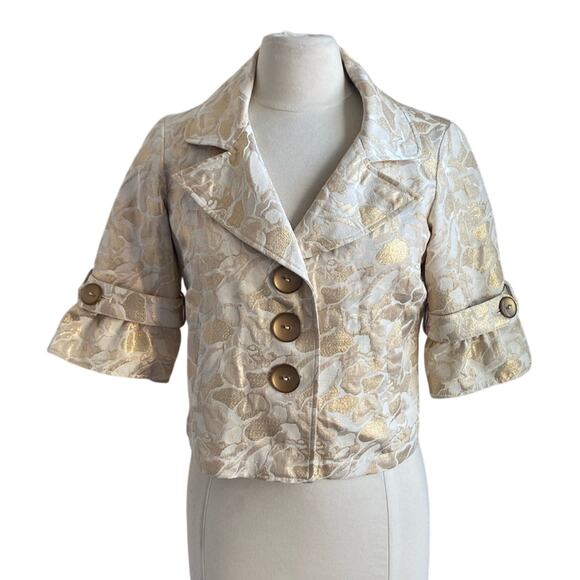 VINTAGE CACHE Cropped Jacket Womens Sz 4 Gold Jacquard Floral Print Flounce - Picture 1 of 8